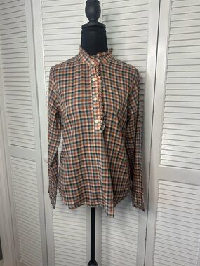 Birds of Paradise Breezy Ruffled Multi Color Bonita Plaid Cotton Blouse Small